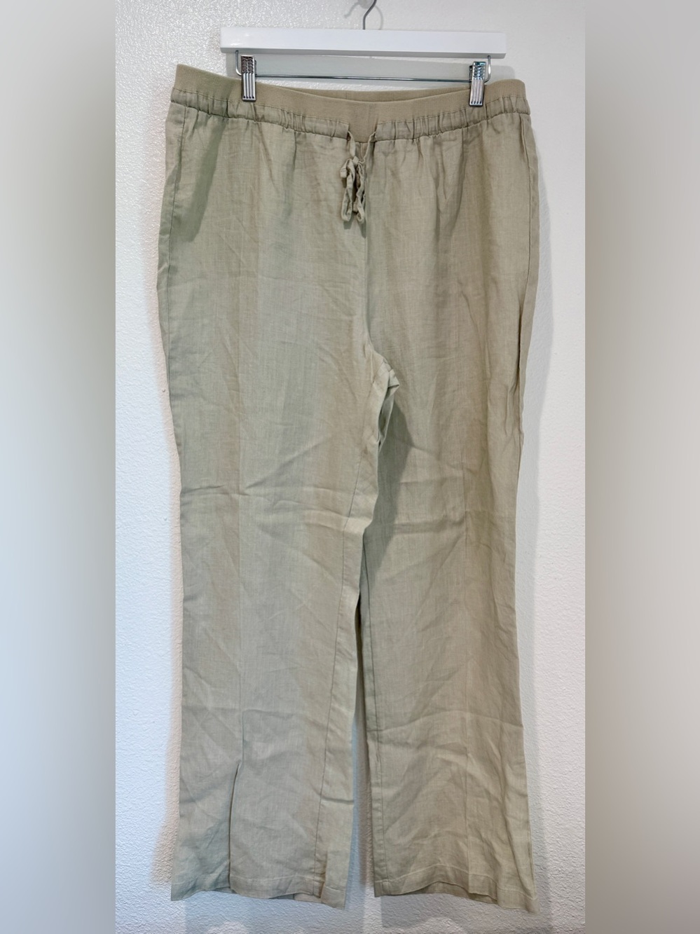 Ellen Tracy 100% Linen Beige Elastic Waist Pockets Wide Leg Pants Casual XL